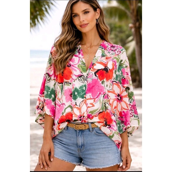 entro Tops - NWOT Entro Satin Kimono Sleeve Floral Button V Neck Blouse Top Womens S/M Resort